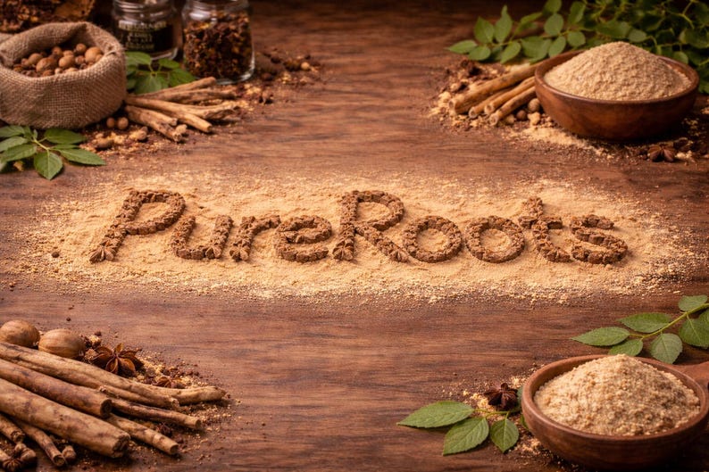 May include: A rustic wooden surface displays the text "PureRoots" spelled out in a brown powder. The image features various spices, including cinnamon sticks, star anise, and ground spices, along with small wooden bowls.