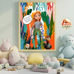 Peut inclure: Illustration encadrée d'une jeune fille rousse et d'un coq, sur fond de feuillage coloré. La jeune fille a une bulle de dialogue qui dit "Wo hat sich mein Huhn versteckt ?" Le logo Ruby Redlock est visible.