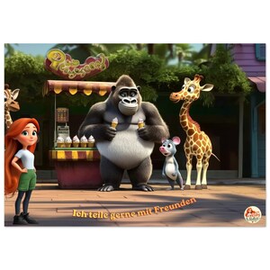 Op de afbeelding: Een cartoon illustratie met een gorilla die twee ijsjes vasthoudt, een giraffe, een muis en een meisje met rood haar. Op de achtergrond staat een ijskraam. De tekst "Ich teile gerne mit Freunden" staat onderaan.