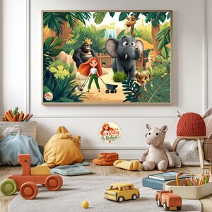 Peut inclure: Illustration encadrée pour enfants représentant une scène de jungle avec une fille, un éléphant, un gorille, une girafe et un guépard. L'œuvre est entourée d'un mur blanc et de jouets pour enfants.