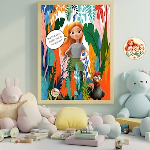 Könnte beinhalten: Gerahmte Illustration mit einem Mädchen mit roten Haaren und einem Hahn in einer farbenfrohen Dschungelkulisse. Eine Sprechblase enthält den Text: "Wo hat sich mein Huhn versteckt?" Das Ruby Redlock Logo ist zu sehen.