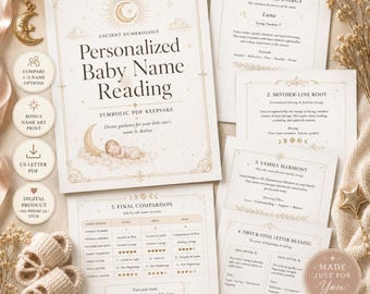 Leitura de nomes de bebês segundo a numerologia antiga em PDF, significado personalizado do nome e comparação, presente simbólico para chá de bebê.
