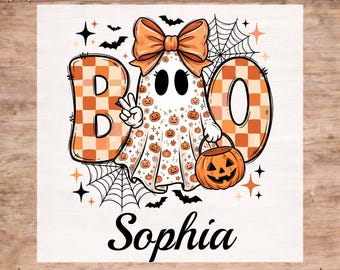 Custom Girls Halloween DTF Transfer, Personalized  Checkered Halloween Ghost Name Ready To Press