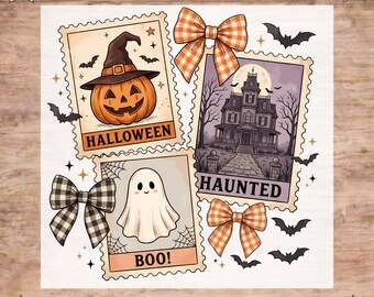 Vintage Halloween Stamp DTF Transfer, Checkered Coquette, Spooky Ghost and Pumpkin Ready To Press