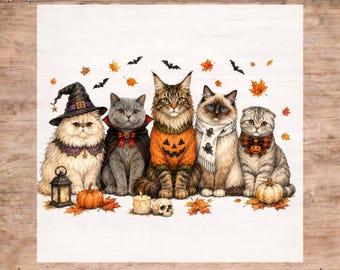 Cozy Halloween Fall Cat DTF Transfer, Cat Lover Gift Ready To Press, Autumn  Pumpkin