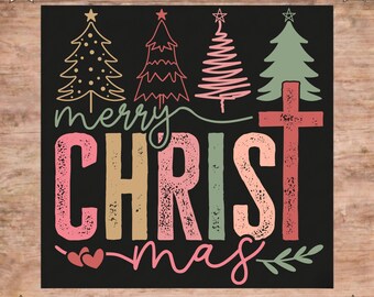 Retro Christian Christmas DTF Transfer: Merry Christmas Tree Design, Ready To Press, Faith Gift