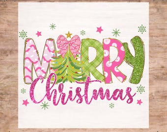 Merry Christmas Tree DTF Transfer: Pink Glitter Effect,  Ready To Press, Christmas Coquette