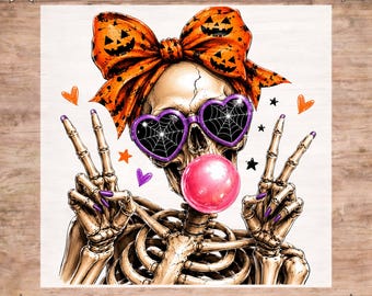 Halloween Skeleton Woman DTF Transfer, Pumpkin Coquette Bow Ready To Press, Spooky Skull Girl