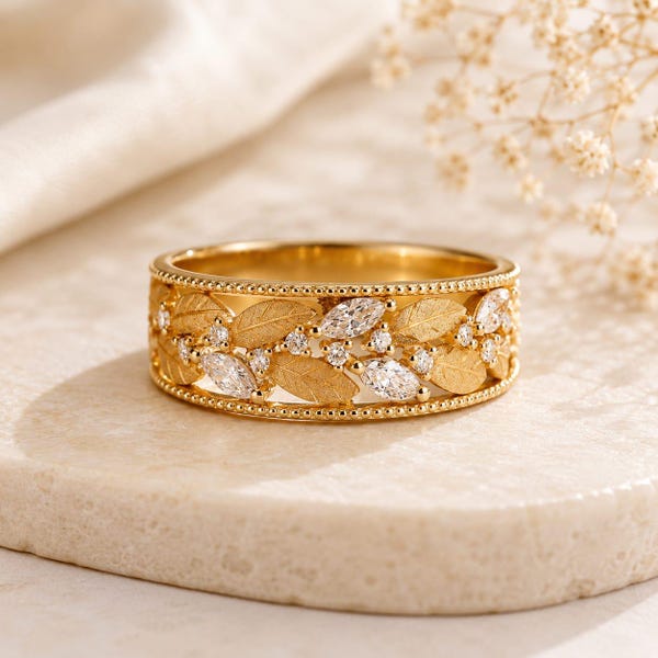 Aliança de casamento vintage com estampa de folha, anel de diamante em formato de marquise inspirado na natureza.