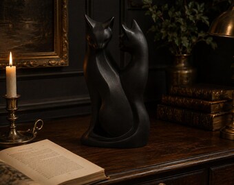 Duo Cat Sculpture | Elegant Art Piece, 3D Printed Home Decor (Matte Black or White)