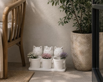 3D Printed Kitten Planter Set | Trio Cat Pots on Tray | Black or White Herb