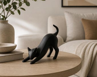 Stretchy Cat Sculpture | Minimalist 3D Printed Figurine (Black or White)