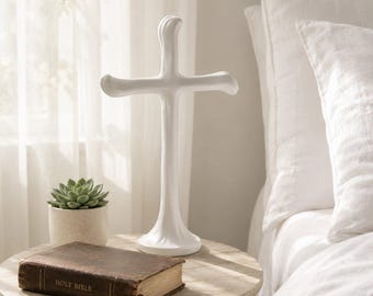 Standing Cross Sculpture | Modern Faith Home Decor, 3D Printed Art (Matte Black/White)