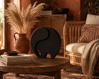 Elephant Silhouette Sculpture | Minimalist Yin-Yang Decor | 3D Printed Art (Matte Black/White)