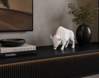 Geometric Bison Sculpture | Low Poly Modern Animal Desk Decor (Black or White)