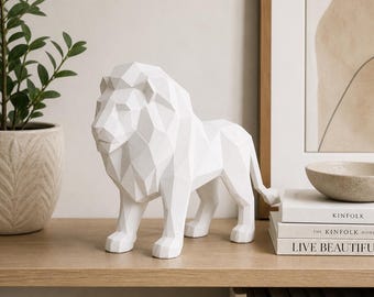 Geometric Lion Sculpture | Low Poly Animal Art, Modern Decor