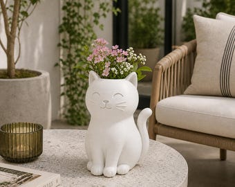 Happy Cat Planter | Smiling Succulent Pot, 3D Printed Feline Decor (Black/White)