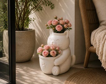 3D Printed Fat Cat Planter | Chubby Cat Succulent Holder (Black or White)
