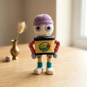 Puede incluir: Una figura de robot de lana fieltrada con un gorro morado, un torso amarillo con un emblema circular verde, brazos a rayas rojas y blancas, y piernas azules y blancas. El robot tiene grandes ojos negros y una boca cosida sencilla.