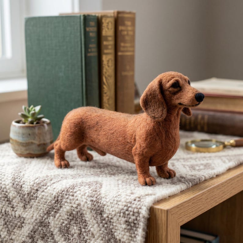 Op de afbeelding: Een naaldgevilt bruin teckelbeeldje met een textuur van wol, een lang lichaam, korte pootjes en een zwarte neus. De hond staat in profiel en toont gedetailleerde oren en een zacht, pluizig uiterlijk gemaakt van gevilt vezelmateriaal.