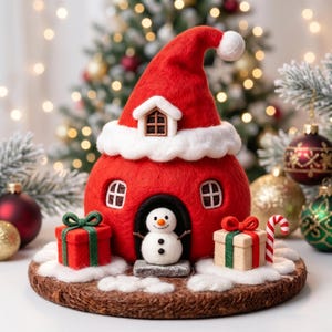 May include: A needle-felted red house shaped like a Santa hat with white trim, a small window, and a doorway containing a white snowman. The house is flanked by two small gift boxes, one red and one beige, and a red and white striped candy cane.