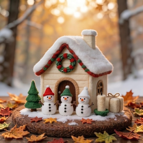 Acogedor regalo navideño familiar: muñeco de nieve personalizado de fieltro con aguja, casita de invierno para la mesa del hogar.