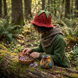 May include: A red felted hat shaped like a strawberry with a green stem top and black seed details. The hat is worn with a brown textured hooded cowl and a green long-sleeved garment. A small, colorful felted drawstring pouch sits nearby.