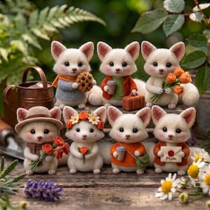 May include: Seven small, white, needle-felted fox figurines arranged on a wooden surface. They wear miniature clothing and hold items including a cookie, a coffee cup, a suitcase, orange flowers, a floral crown, and an envelope labeled Mom.