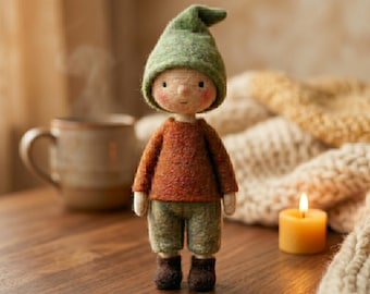 Naaldvilten boskabouterbeeldje, Cottagecore-bureaudecor, grillig bos kinderkamerkunstpop cadeau