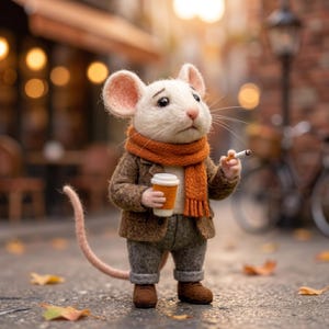May include: A needle-felted white mouse figurine wearing a brown textured jacket, gray cuffed trousers, brown shoes, and an orange scarf. The mouse holds a small white and orange coffee cup in one hand and a thin cigarette in the other hand.
