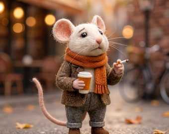 Cadeau voor een oververmoeide vriend(in): Muis van vilt met koffie en sigaret als bureaudecoratie