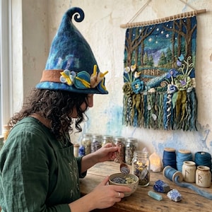 Gorro de sauna de lana afieltrada con aguja, accesorio de disfraz de mago mágico, gorro floral azul único