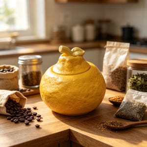 May include: A bright yellow ceramic jar shaped like a citrus fruit with a textured surface and a matching lid featuring a small stem and leaf handle. The round container sits on a wooden surface, showcasing a realistic, bumpy, fruit-like exterior.