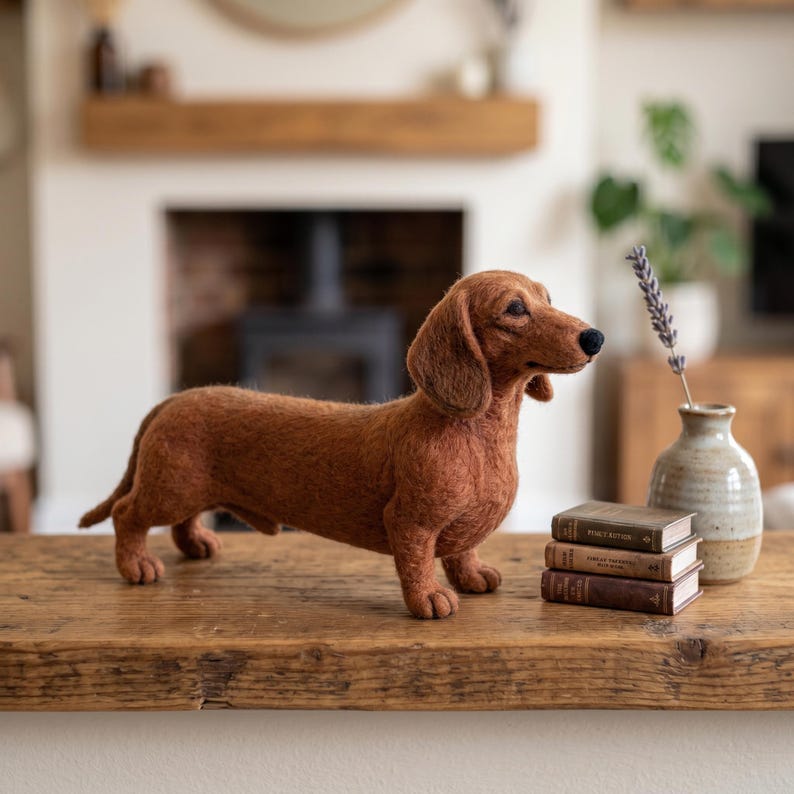 Op de afbeelding: Een naaldgevilte bruine teckel-figuur die op een houten oppervlak staat. Naast de hond staat een kleine keramische vaas met een takje gedroogde lavendel en een stapel van drie miniatuurboeken in vintage-stijl met donkerbruine kaften.