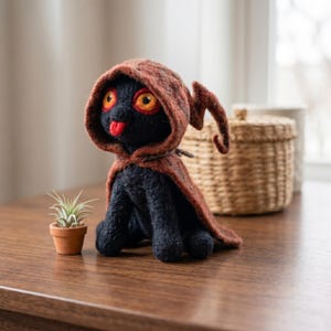 May include: A needle-felted black creature with large orange eyes and a small red tongue, wearing a textured, rust-colored hooded cloak with a pointed, curved tip. The figure is seated upright, showcasing a soft, fuzzy texture throughout.