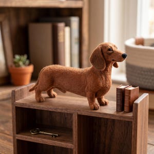 Op de afbeelding: Een bruin naaldvilt teckelbeeldje dat op een kleine houten plank staat. De hond heeft een lang lichaam, korte pootjes en een zwarte neus. Naast de hond staan twee miniatuurboeken en op de plank eronder ligt een kleine metalen sleutel.