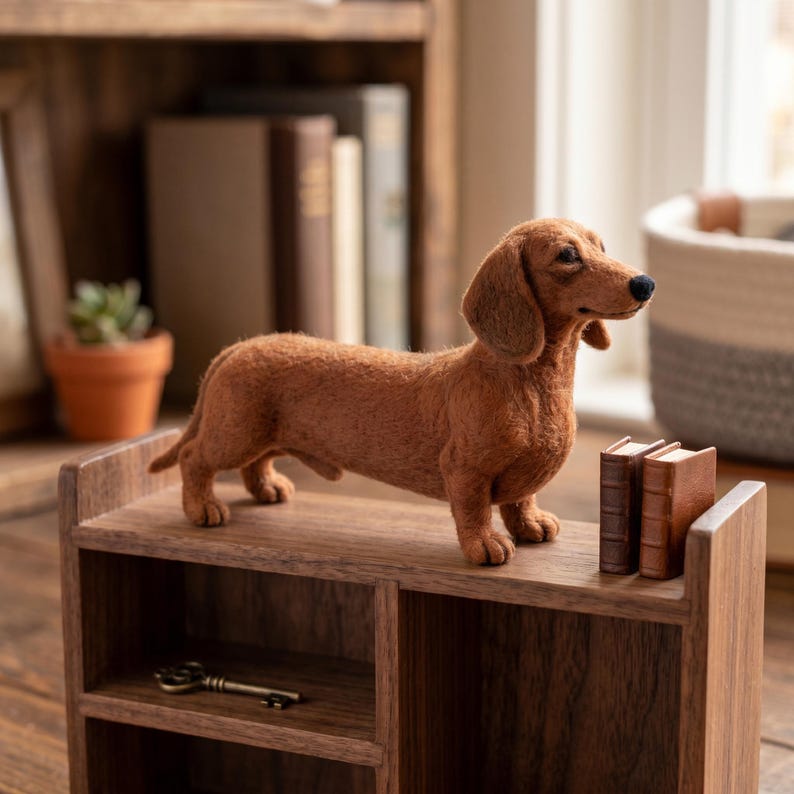 Op de afbeelding: Een bruin naaldvilt teckelbeeldje dat op een kleine houten plank staat. De hond heeft een lang lichaam, korte pootjes en een zwarte neus. Naast de hond staan twee miniatuurboeken en op de plank eronder ligt een kleine metalen sleutel.