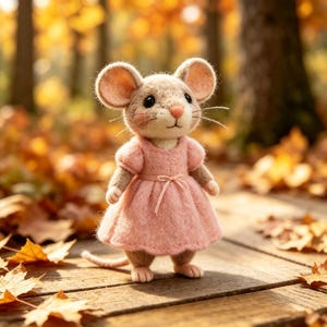 May include: A needle-felted mouse figurine with light brown fur, large rounded ears, and black bead eyes. The mouse wears a soft pink dress with short puff sleeves and a small tied bow at the waist, standing upright on a wooden surface.