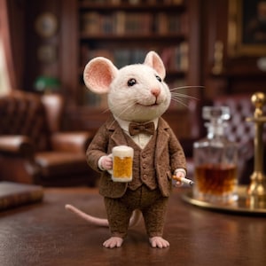 Puede incluir: Una figura de ratón blanco de fieltro que viste un traje marrón de tres piezas con pajarita a juego. El ratón sostiene una pequeña jarra de cerveza en una mano y un cigarrillo en la otra. Tiene orejas rosadas, una cola larga y textura suave.