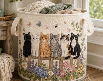 Gesteppter Katzen-Aufbewahrungskorb, Gartenblumenspielzeug-Organisator, Cottagecore Home Decor