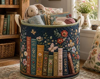 Gesteppter Buch-Aufbewahrungskorb, Wildblumen-Spielzeug-Organisator, Dark Academia Bibliothekskorb