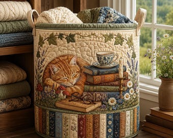 Gesteppter Katzen-Aufbewahrungskorb, Ginger Tabby Buchliebhaberkorb, gemütliches Bibliotheksdekor