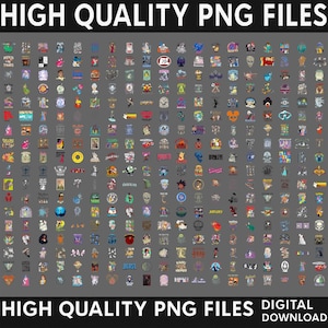 May include: A digital collection of numerous small, colorful graphic illustrations arranged in a grid pattern. The text HIGH QUALITY PNG FILES is displayed at the top and bottom, with the words DIGITAL DOWNLOAD included at the bottom right.