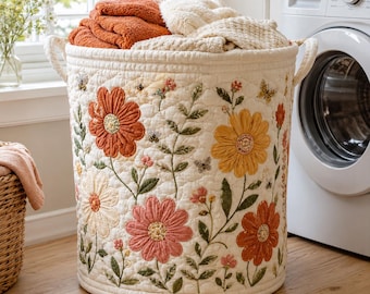 Gesteppter Blumen-Wäschekorb, Boho Cottagecore-Dekor