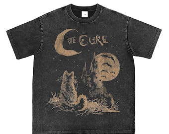 The Cure Band PNG, Goth Rock Shirt Design, Vintage Cat Castle Art, Retro Post Punk Graphic, Heavy Distressed Style, Alt Rock Band File