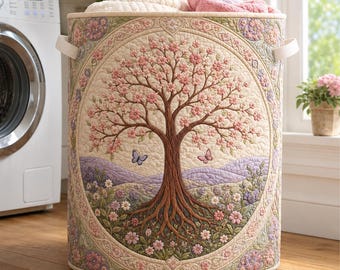 Gesteppter Baum des Lebens Wäschekorb, Kirschblüten-Frühlingskorb, Blumenspielzeug-Organisator