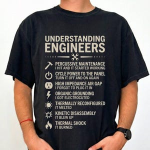 Puede incluir: Una camiseta negra de manga corta con el texto UNDERSTANDING ENGINEERS y una lista de definiciones humorísticas con iconos correspondientes, incluyendo mantenimiento por percusión, ciclo de energía y varios choques térmicos.