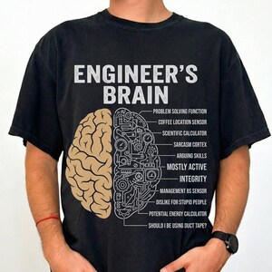 Puede incluir: Una camiseta negra con el texto ENGINEER'S BRAIN. El gráfico muestra un cerebro dividido en dos mitades: una es un cerebro anatómico color canela y la otra es un diagrama mecánico con etiquetas como Problem Solving Function y Sarcasm Cortex.