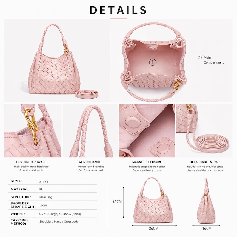Peut inclure: Un sac &agrave; main tiss&eacute; rose clair avec un compartiment principal, des ferrures m&eacute;talliques dor&eacute;es, une poign&eacute;e tress&eacute;e et une bandouli&egrave;re amovible. Le sac poss&egrave;de une fermeture magn&eacute;tique. Dimensions : 26 cm x 21 cm x 16 cm, hauteur de sangle 56 cm.