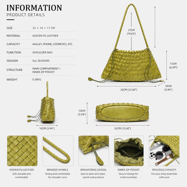 Pode incluir: Bolsa de ombro em couro PU tecido verde claro com al&ccedil;a tran&ccedil;ada e fecho de cord&atilde;o. Mede 32 cm x 10 cm x 17 cm. Possui compartimento principal e bolso interno com z&iacute;per.